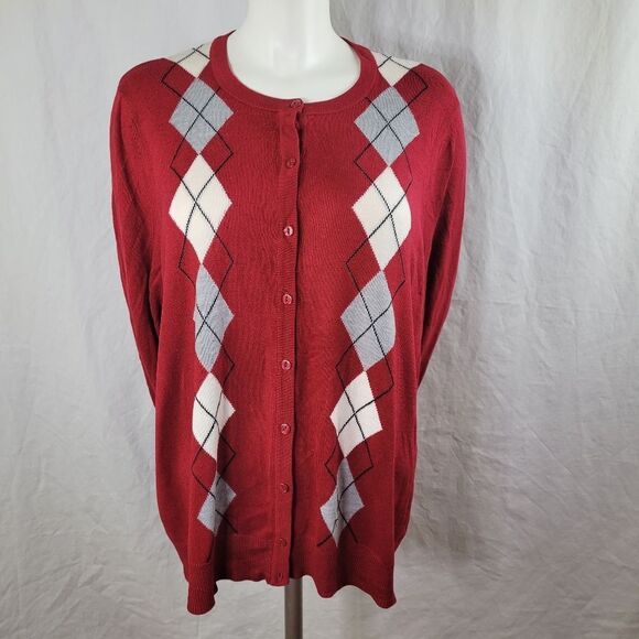 Croft & Barrow Red Button Front‎ Argyle Long Sleeve Sweater - Picture 1 of 7